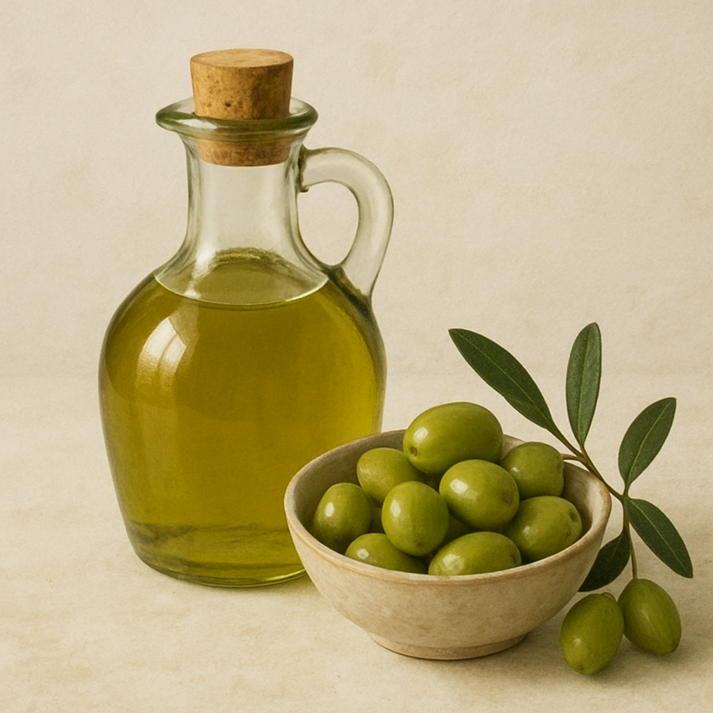 Bottle of olive oil and olives