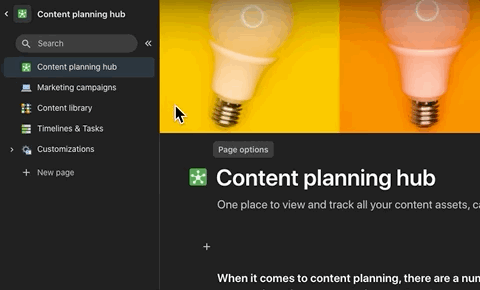 Animation showing how to delete intro page: right-click options to right of Content planning hub page, then select Delete
