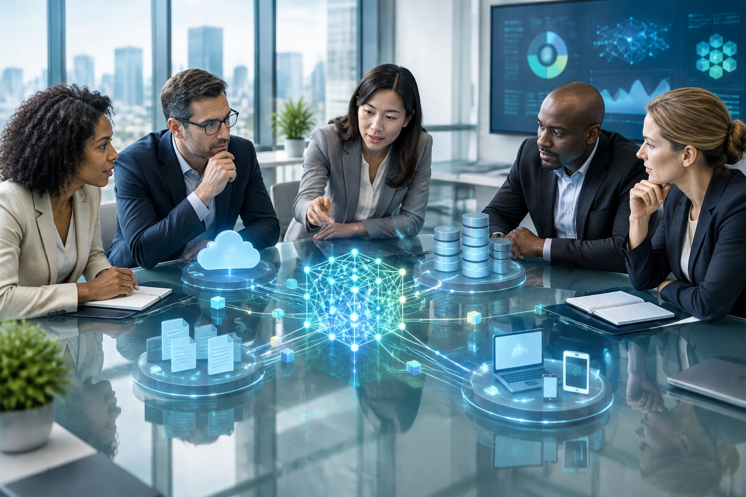 Executives collaborate around a table beside a network connecting abstract business data elements.