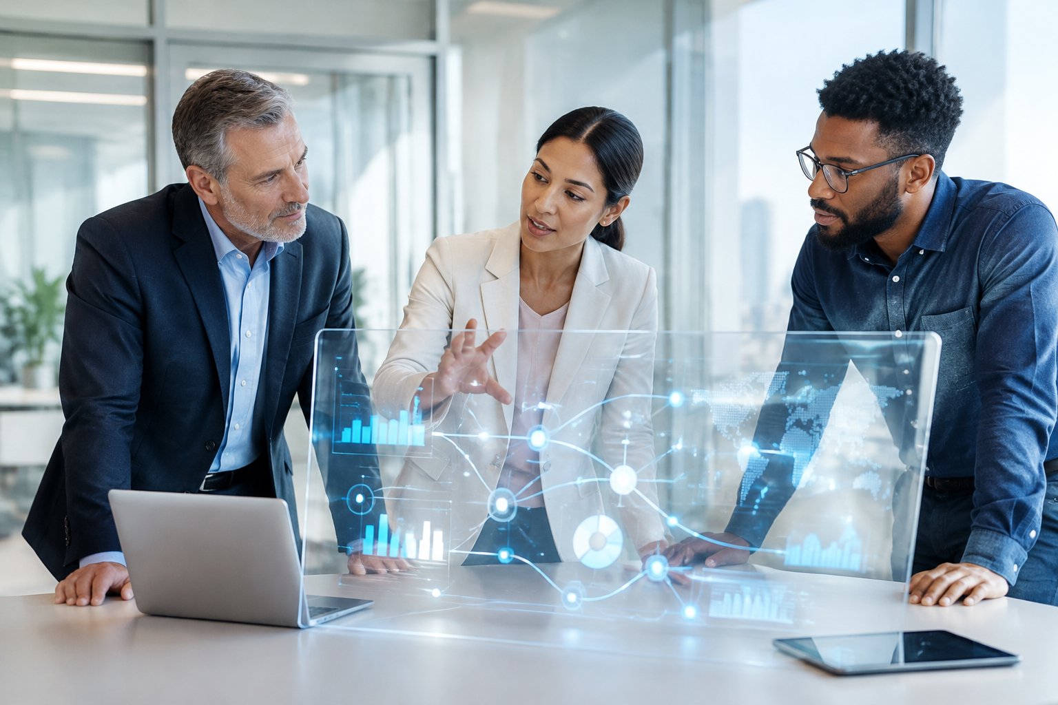 Three business professionals collaborate around a table while reviewing connected data visualizations.