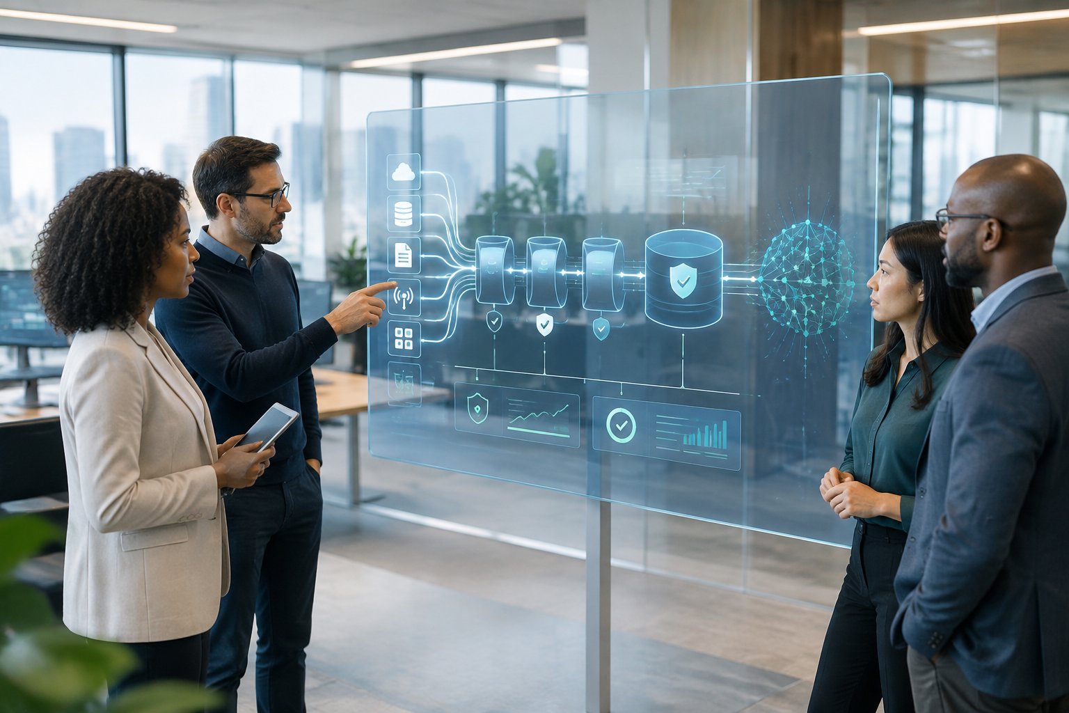 Business and technology leaders review a secure data pipeline in a modern operations center.