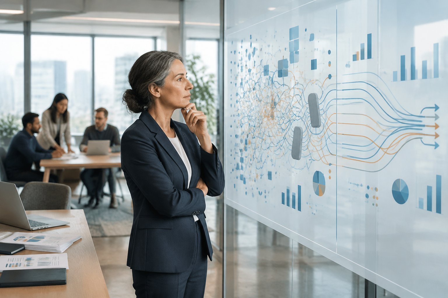 An executive examines disconnected data visualizations while colleagues work in a modern office.