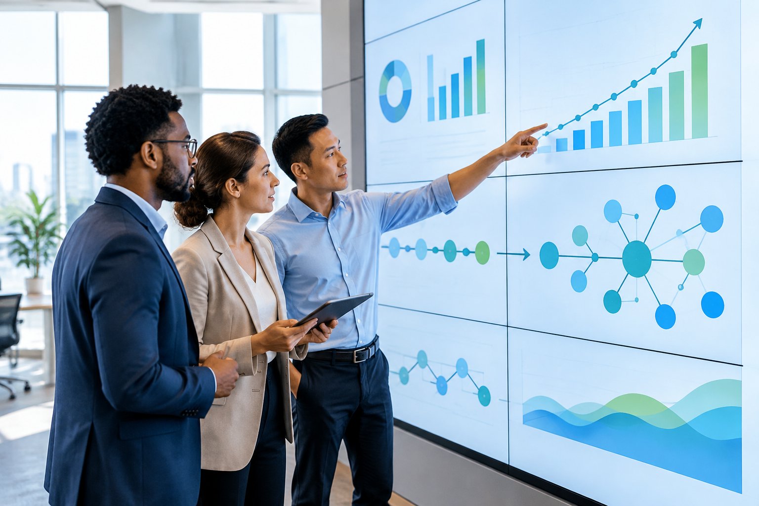 Three business professionals review performance charts on a large display.