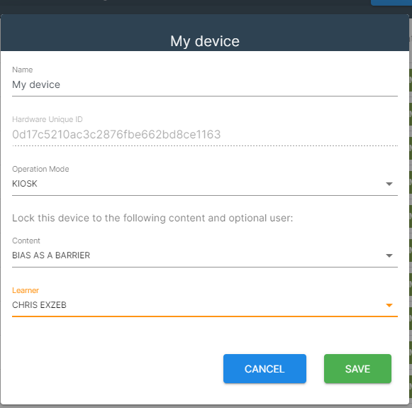 Screenshot shows the options you have when setting a device to be in Kiosk mode