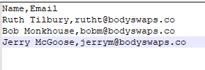Screen capture showing an example of a CSV file containing Names and Email Addresses separated by commas