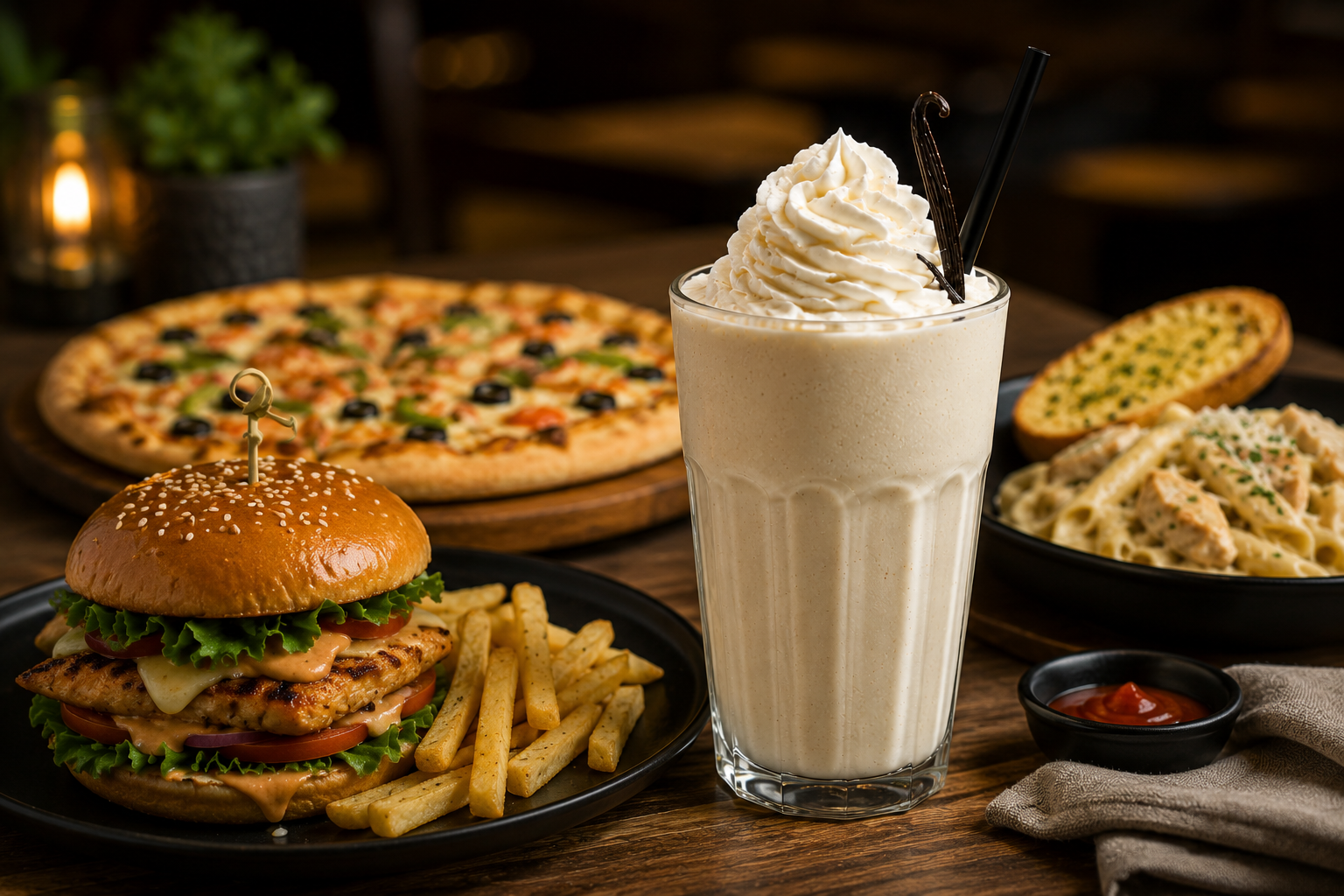 Cozy restaurant meal with dessert drink.png