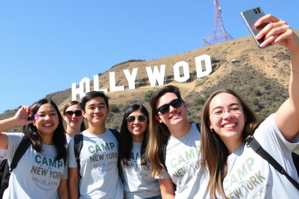 Hollywood sign with Camp New York alumni taking photos