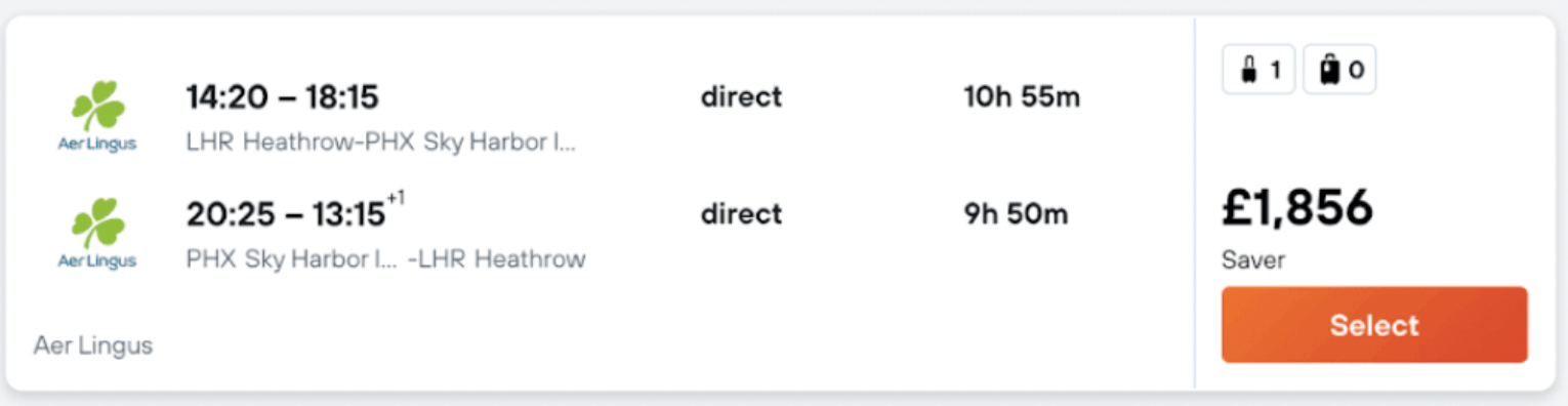 Price screenshot of KAYAK