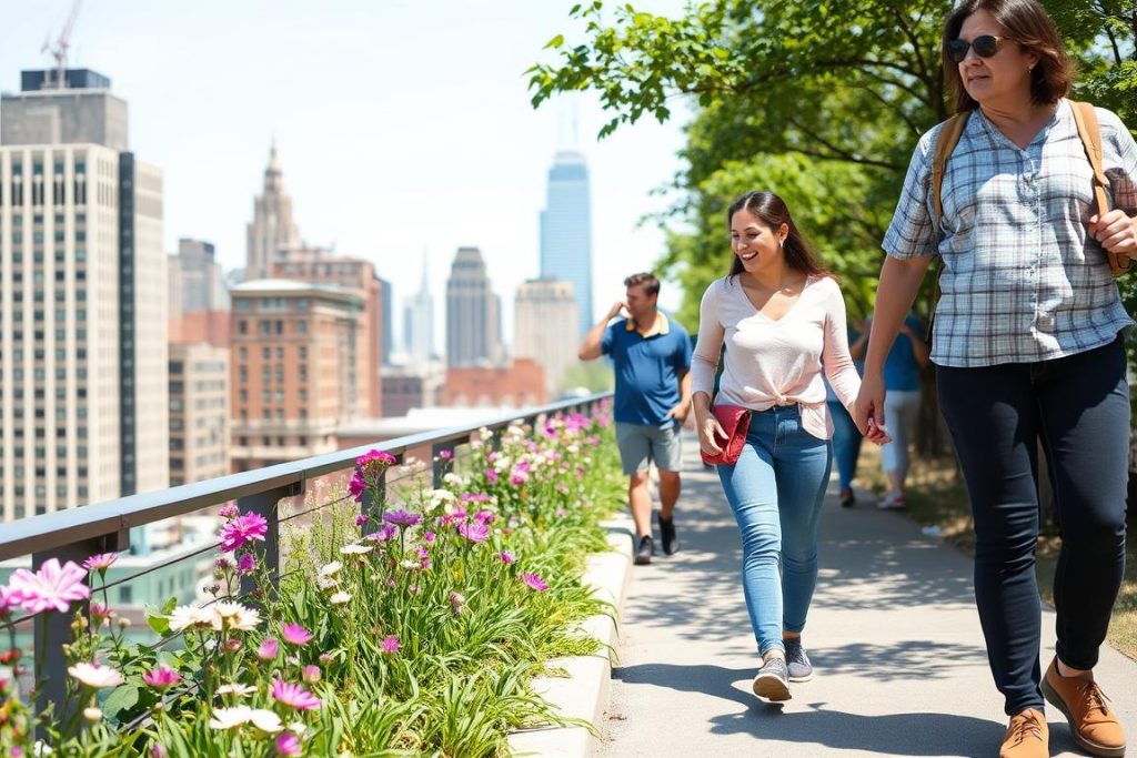Family walking along the High Line Park in New York with toddler