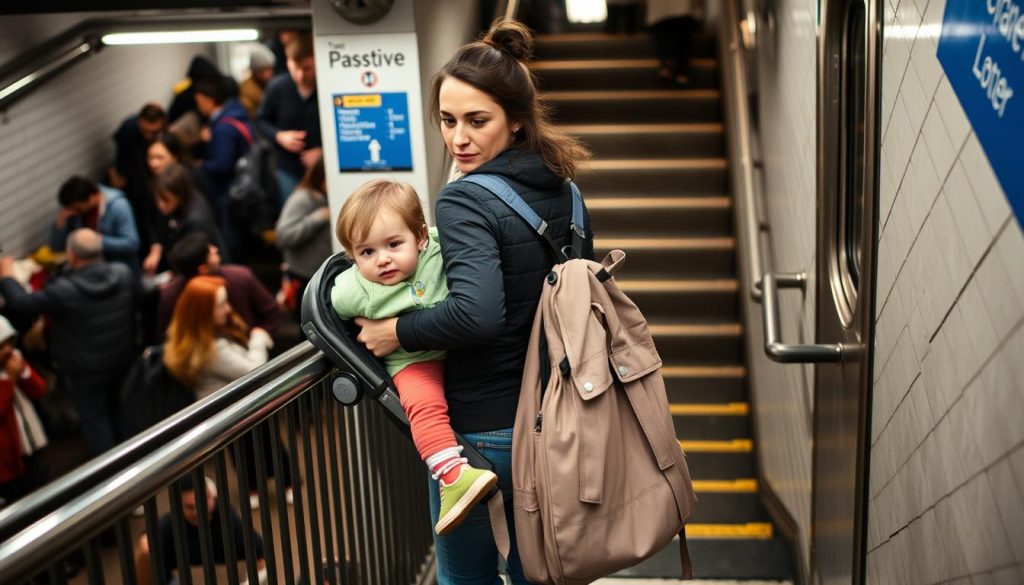 Parent navigating New York subway with toddler and compact stroller