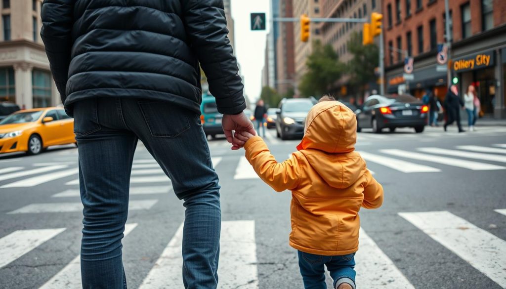 Parent holding toddler's hand while crossing busy New York street