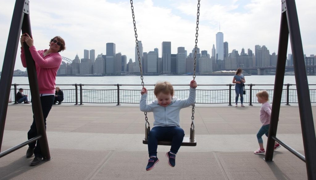 Family enjoying metal swings at Pier 35 with Manhattan skyline view