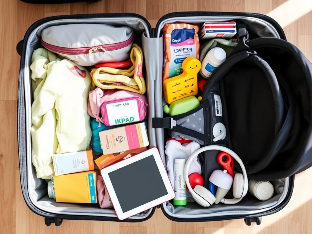 Organized suitcase with toddler travel essentials for New York trip