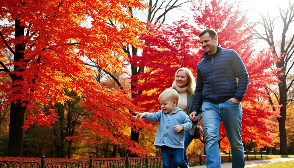 Family with toddler looking at fall foliage in Central Park