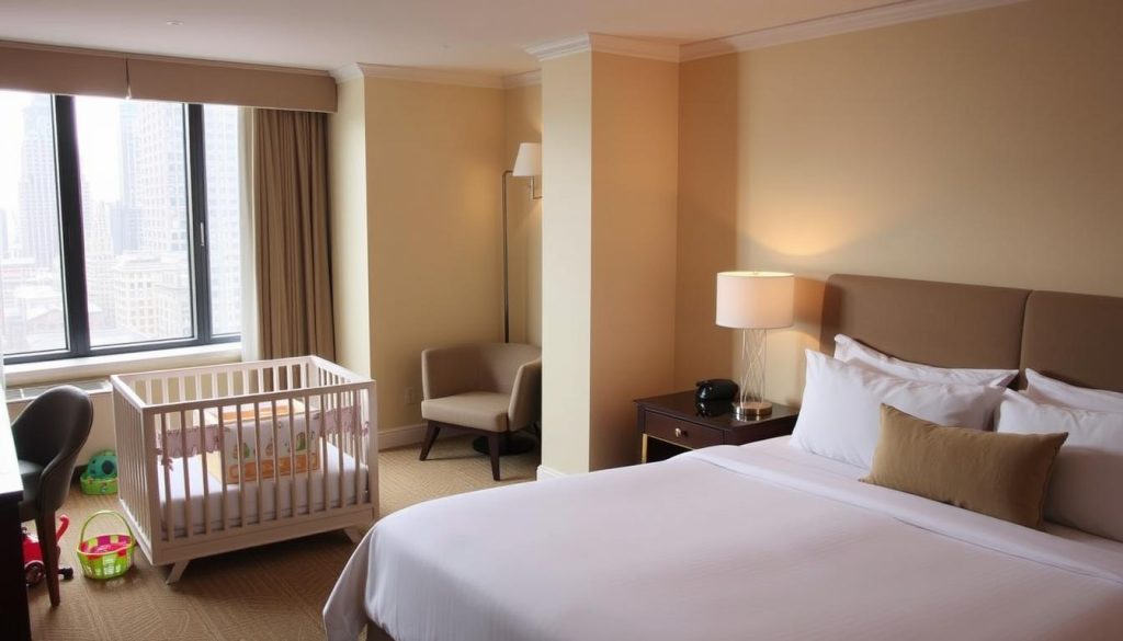 Family-friendly hotel room in New York with crib and play area