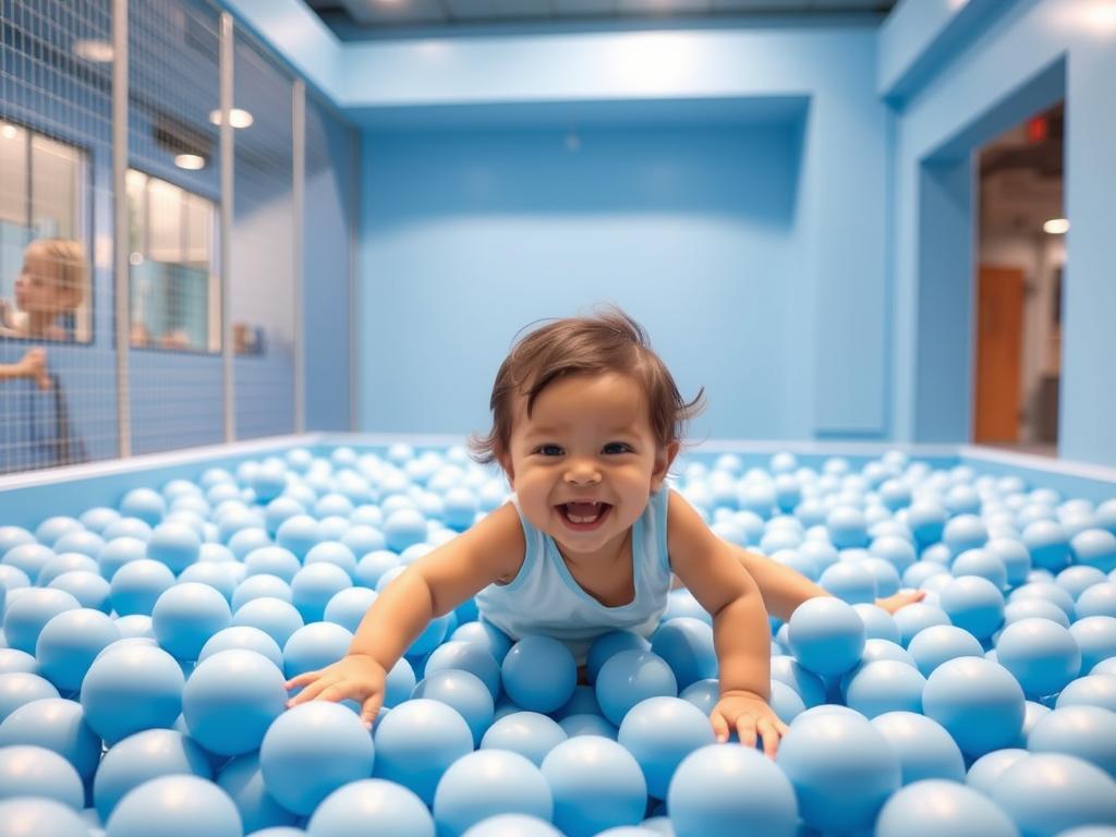 Toddler playing in the colorful ball pit at Color Factory in New York