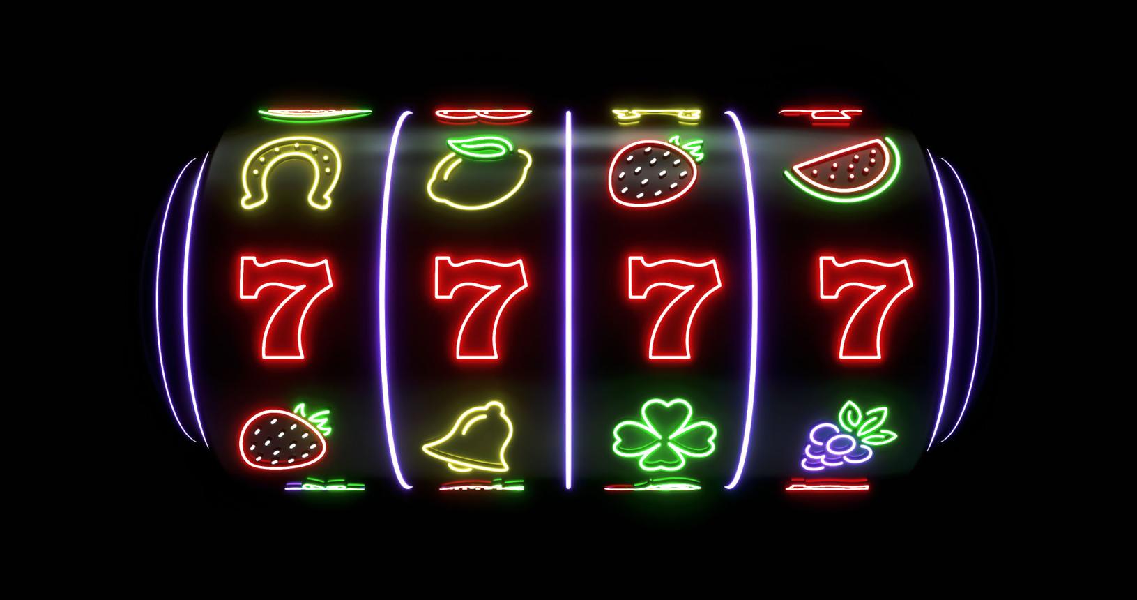 Modern 7777 Slot Machine With Colorful Neon Lights On Black - 3D Illustration