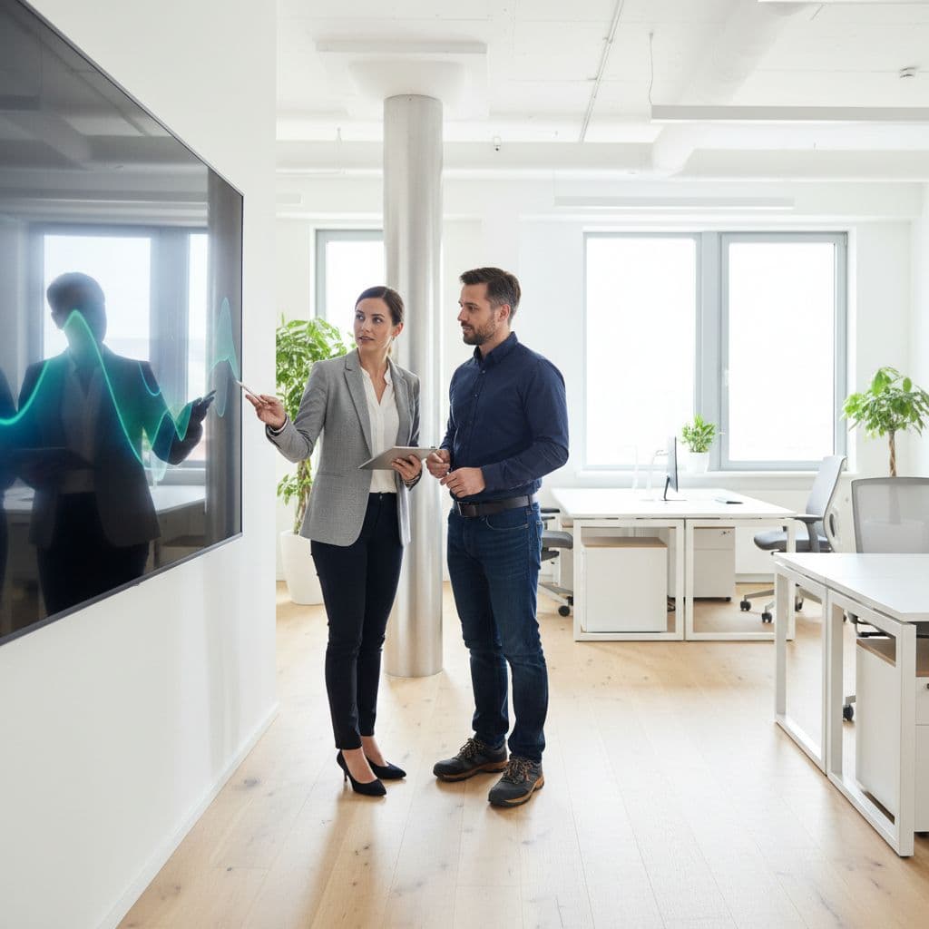 Two professionals stand before a large digital screen displaying data visualizations. The bright, contemporary office setting features floor-to-ceiling windows that provide soft natural daylight across the clean, minimalist work environment.