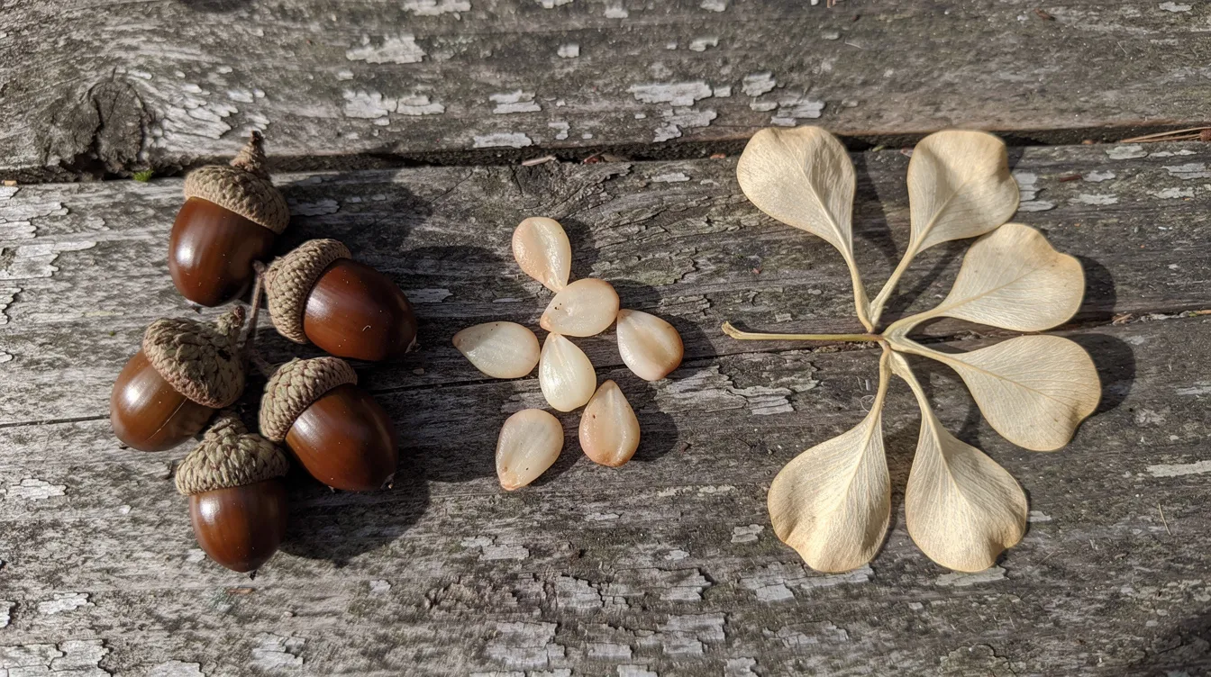 The image features a variety of tree seeds, including acorns, apple pips, and maple samaras, arranged on a weathered wooden table, highlighting the early stages of plant growth. These seeds represent different tree species, essential for the germination process and nurturing young plants in potting soil.