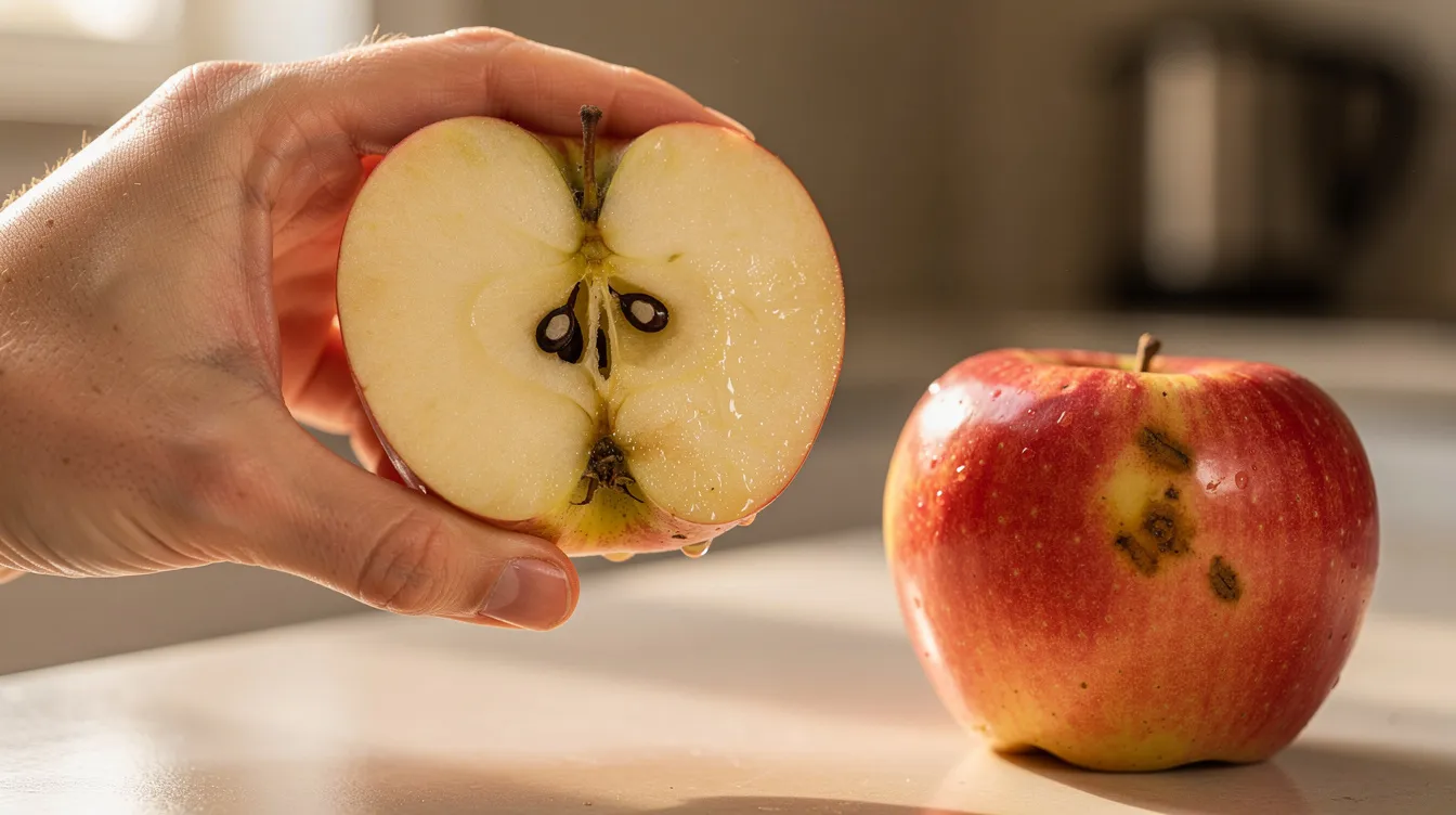 A close-up view of a hand holding a freshly cut apple, showcasing its seeds, with a whole apple resting on a kitchen counter nearby. This image highlights the natural beauty of the fruit and the essential process of seed growth in plants.